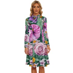 Budding And Captivating Flowers Long Sleeve Shirt Collar A-Line Dress