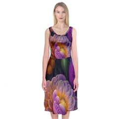 Ai Generated Flowers Plants Petals Buds Midi Sleeveless Dress by Ravend