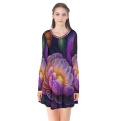 Ai Generated Flowers Plants Petals Buds Long Sleeve V-neck Flare Dress by Ravend