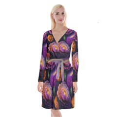 Ai Generated Flowers Plants Petals Buds Long Sleeve Velvet Front Wrap Dress by Ravend