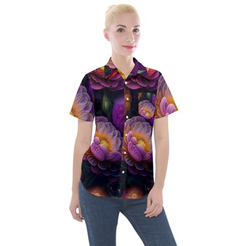 Ai Generated Flowers Plants Petals Buds Women s Short Sleeve Pocket Shirt by Ravend