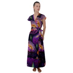 Ai Generated Flowers Plants Petals Buds Flutter Sleeve Maxi Dress by Ravend