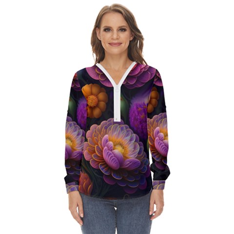 Ai Generated Flowers Plants Petals Buds Zip Up Long Sleeve Blouse by Ravend