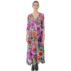 Bright And Brilliant Bouquet Button Up Boho Maxi Dress by GardenOfOphir