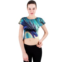 Ai Generated Dragon Fractal Art Texture Crew Neck Crop Top by Ravend