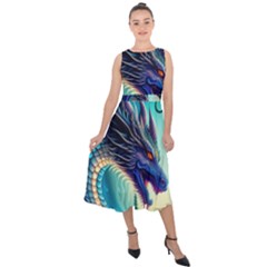 Ai Generated Dragon Fractal Art Texture Midi Tie-back Chiffon Dress by Ravend