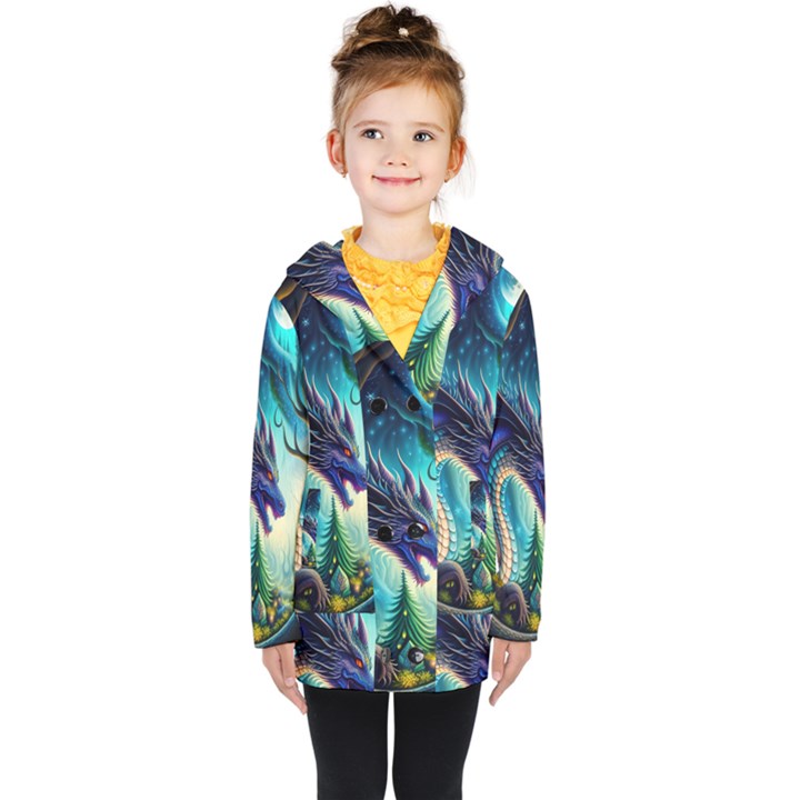 Ai Generated Dragon Fractal Art Texture Kids  Double Breasted Button Coat