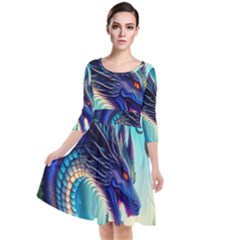 Ai Generated Dragon Fractal Art Texture Quarter Sleeve Waist Band Dress by Ravend