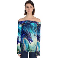 Ai Generated Dragon Fractal Art Texture Off Shoulder Long Sleeve Top by Ravend