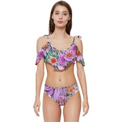 Bright And Brilliant Bouquet Ruffle Edge Tie Up Bikini Set	 by GardenOfOphir