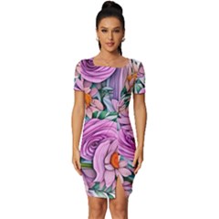 Bright And Brilliant Bouquet Fitted Knot Split End Bodycon Dress by GardenOfOphir