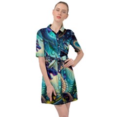 Ai Generated Dragon Fractal Art Texture Belted Shirt Dress by Ravend