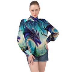 Ai Generated Dragon Fractal Art Texture High Neck Long Sleeve Chiffon Top by Ravend