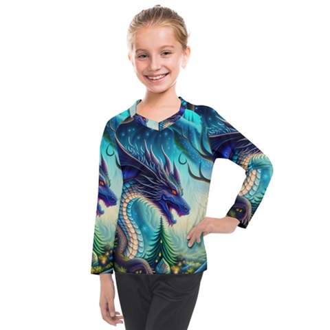 Ai Generated Dragon Fractal Art Texture Kids  Long Mesh Tee by Ravend