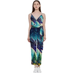 Ai Generated Dragon Fractal Art Texture V-neck Spaghetti Strap Tie Front Jumpsuit by Ravend