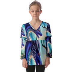 Ai Generated Dragon Fractal Art Texture Kids  V Neck Casual Top by Ravend