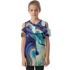 Ai Generated Dragon Fractal Art Texture Fold Over Open Sleeve Top by Ravend