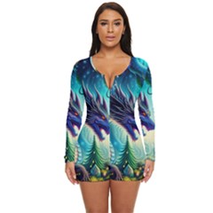 Ai Generated Dragon Fractal Art Texture Long Sleeve Boyleg Swimsuit by Ravend