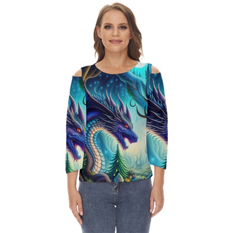 Ai Generated Dragon Fractal Art Texture Cut Out Wide Sleeve Top by Ravend