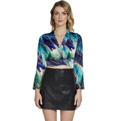 Ai Generated Dragon Fractal Art Texture Long Sleeve Tie Back Satin Wrap Top by Ravend