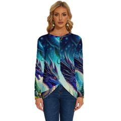 Ai Generated Dragon Fractal Art Texture Long Sleeve Crew Neck Pullover Top by Ravend