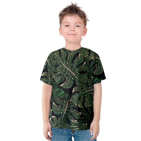 Monstera Plant Tropical Jungle Leaves Pattern Kids  Cotton Tee by Ravend