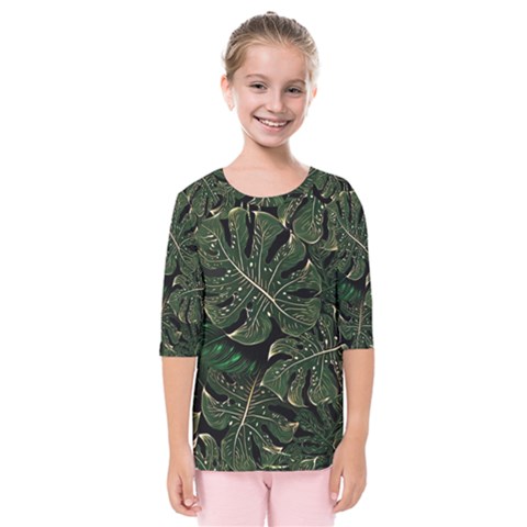 Monstera Plant Tropical Jungle Leaves Pattern Kids  Quarter Sleeve Raglan Tee by Ravend