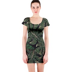 Monstera Plant Tropical Jungle Leaves Pattern Short Sleeve Bodycon Dress by Ravend