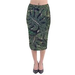 Monstera Plant Tropical Jungle Leaves Pattern Velvet Midi Pencil Skirt by Ravend