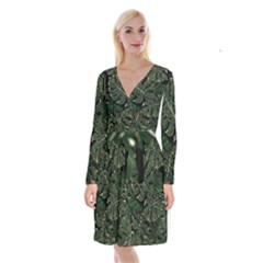 Monstera Plant Tropical Jungle Leaves Pattern Long Sleeve Velvet Front Wrap Dress by Ravend