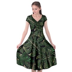 Monstera Plant Tropical Jungle Leaves Pattern Cap Sleeve Wrap Front Dress by Ravend