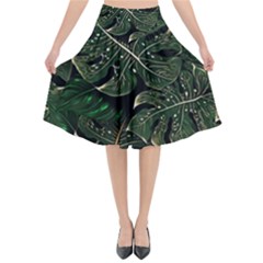 Monstera Plant Tropical Jungle Leaves Pattern Flared Midi Skirt