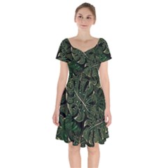 Monstera Plant Tropical Jungle Leaves Pattern Short Sleeve Bardot Dress by Ravend