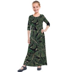 Monstera Plant Tropical Jungle Leaves Pattern Kids  Quarter Sleeve Maxi Dress by Ravend