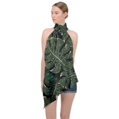 Monstera Plant Tropical Jungle Leaves Pattern Halter Asymmetric Satin Top by Ravend