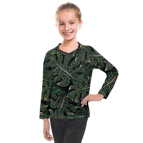 Monstera Plant Tropical Jungle Leaves Pattern Kids  Long Mesh Tee by Ravend