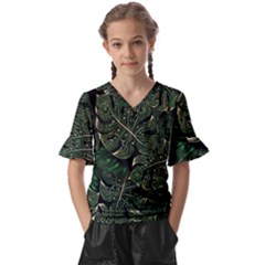 Monstera Plant Tropical Jungle Leaves Pattern Kids  V-neck Horn Sleeve Blouse by Ravend