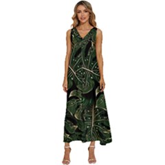 Monstera Plant Tropical Jungle Leaves Pattern V-neck Sleeveless Loose Fit Overalls by Ravend