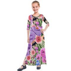 Brittle And Broken Blossoms Kids  Quarter Sleeve Maxi Dress by GardenOfOphir