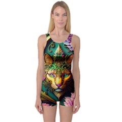 Ai Generated Paisley Pattern Feline Floral One Piece Boyleg Swimsuit by Ravend