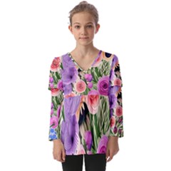 Brittle And Broken Blossoms Kids  V Neck Casual Top by GardenOfOphir