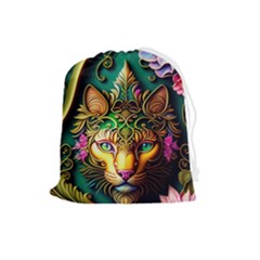 Ai Generated Paisley Pattern Feline Floral Drawstring Pouch (large) by Ravend