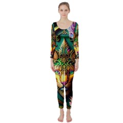 Ai Generated Paisley Pattern Feline Floral Long Sleeve Catsuit by Ravend