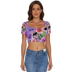 Brittle And Broken Blossoms Short Sleeve Square Neckline Crop Top  by GardenOfOphir