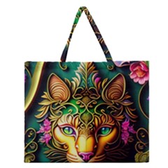 Ai Generated Paisley Pattern Feline Floral Zipper Large Tote Bag by Ravend