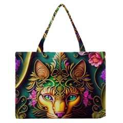 Ai Generated Paisley Pattern Feline Floral Zipper Medium Tote Bag by Ravend