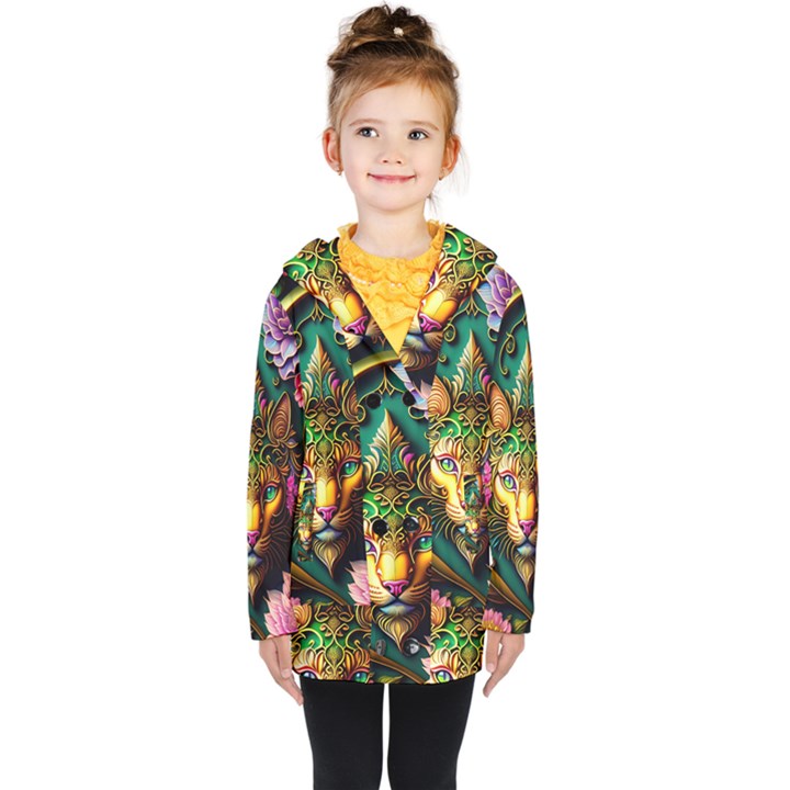 Ai Generated Paisley Pattern Feline Floral Kids  Double Breasted Button Coat