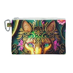 Ai Generated Paisley Pattern Feline Floral Canvas Cosmetic Bag (large) by Ravend