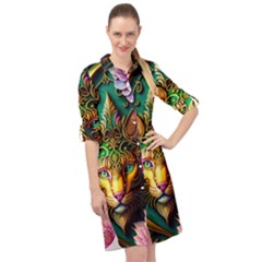 Ai Generated Paisley Pattern Feline Floral Long Sleeve Mini Shirt Dress by Ravend