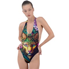 Ai Generated Paisley Pattern Feline Floral Backless Halter One Piece Swimsuit by Ravend